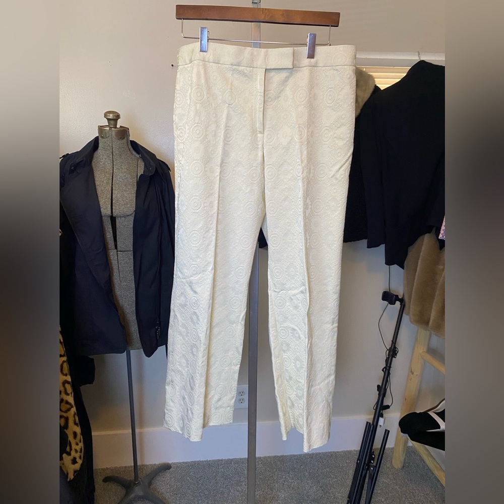VTG Eli Tahari Brocade Tapestry Ivory Flat Front Wide Leg Trousers w/Stretch 12